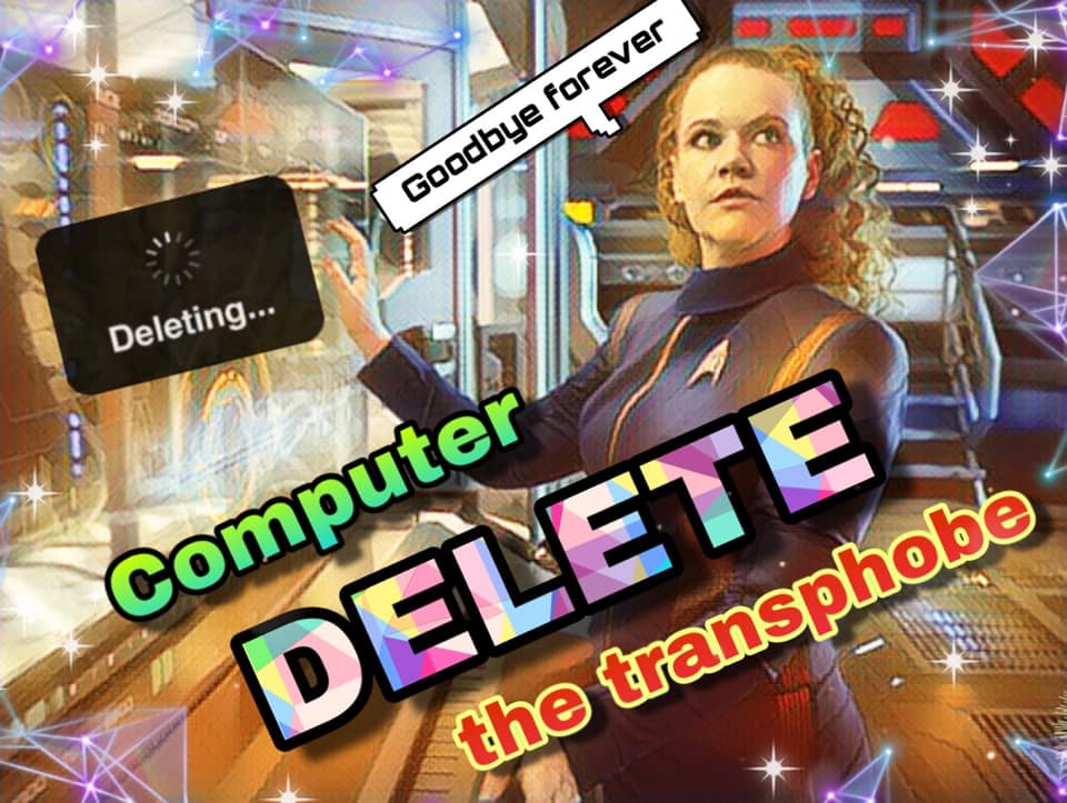 This meme features a screenshot from the TV show Star Trek: Picard, where the character of Soji Ashby, a synthetic being, is trying to delete a file on a computer. The text overlayed on the image reads "DELETE" in bold, colorful letters, with the words "Computer" and "DELETE" highlighted in a rainbow color scheme. The image is a humorous take on the classic "delete" prompt from Windows, but with a futuristic and sci-fi twist.